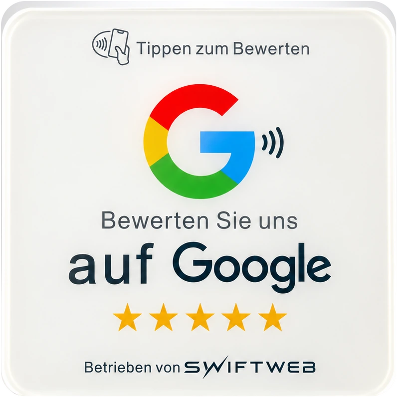 Die weisse NFC-Bewertungsplatte von Swiftweb mit Google-Logo, fünf Sternen und dem Hinweis «Tippen zum Bewerten»